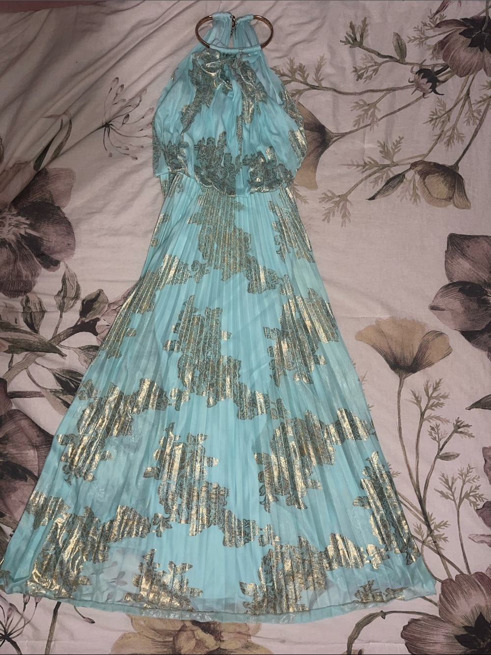 Xscape Aqua Maxi Dress with Gold Metallic Floral Accents
